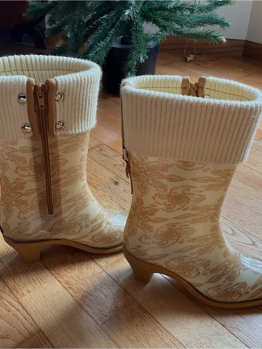 Women’s Cream Patterned Rain Boots with Knit Cuff and Side Zip